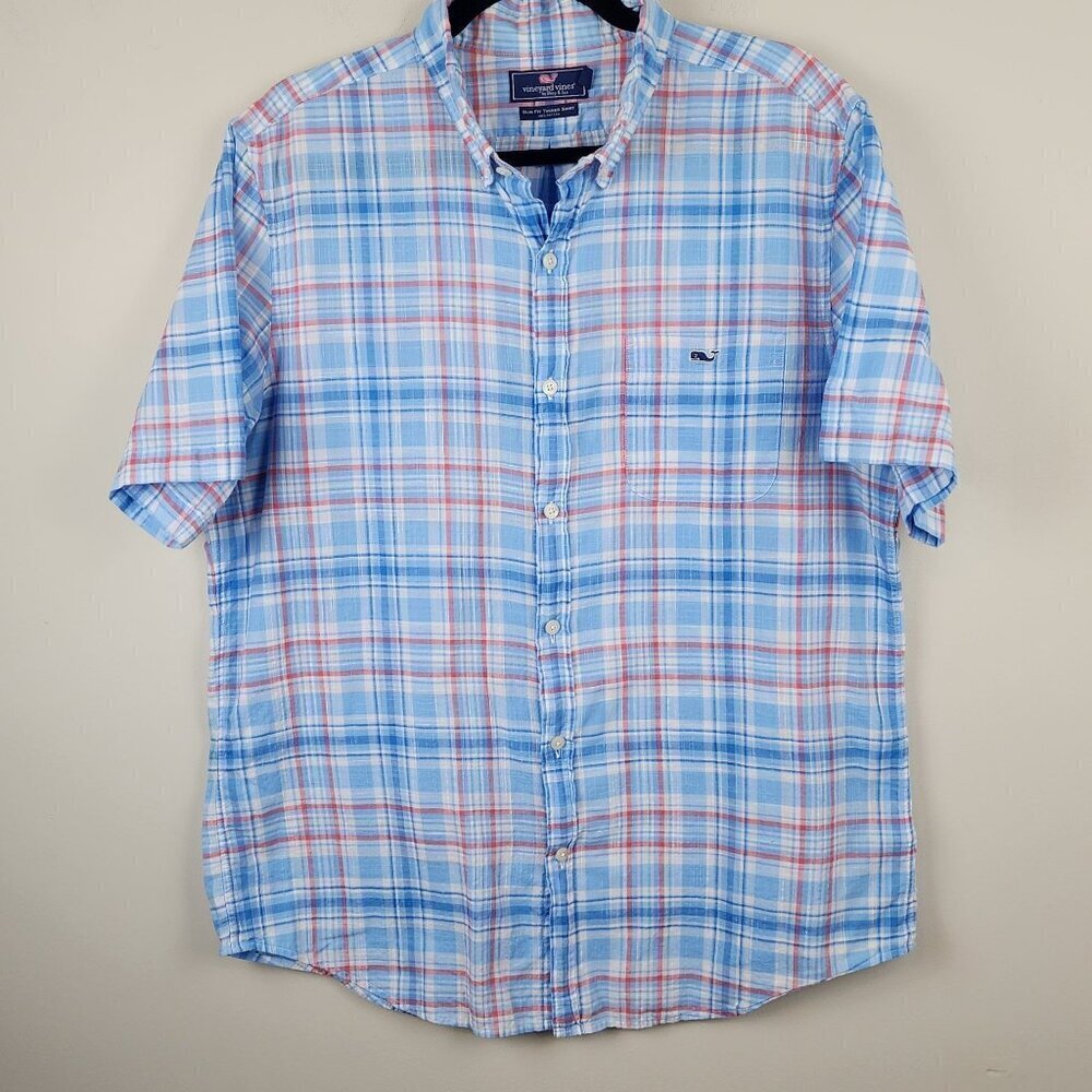 Vineyard Vines sz men  L slim fit Tucker shirt blue plaid cotton .